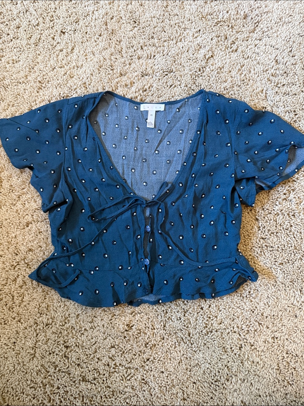Leith Teal Blue Polka Dot Tie-Front Crop Top